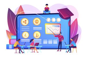 Lebendige digitale Illustration zur Darstellung von Finanzwissen. In der Mitte zeigt ein großes Tablet Symbole für Kryptowährungen und ein Diagramm zur Finanzanalyse. Drumherum arbeiten vier Personen mit Laptops, die das Online-Lernen symbolisieren, während ein Lehrer auf das erklärende Diagramm zeigt. Ein Graduierungshut in der Ecke des Tablets unterstreicht das Konzept des Lernens über Investitionen und digitale Finanzen. Bücher und Blätter im Hintergrund verstärken das Bildungsumfeld.
