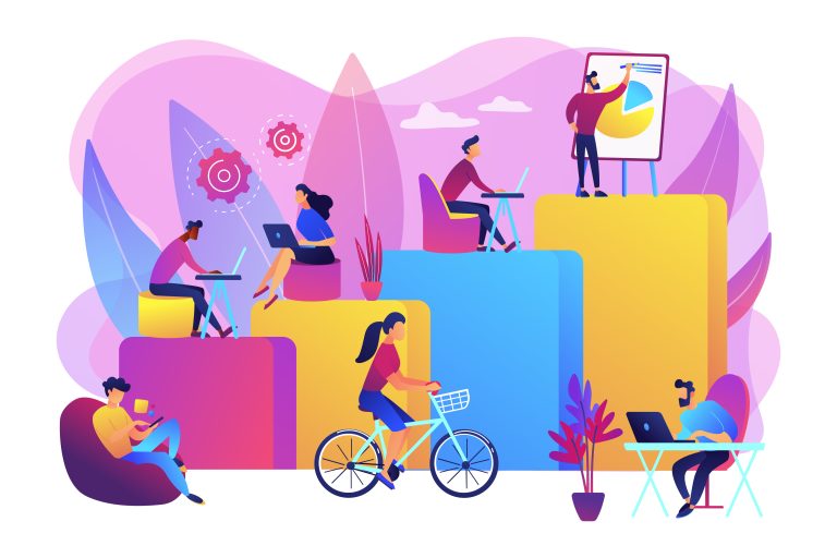 Eine lebendige konzeptionelle Illustration, die eine dynamische Lern- und Kooperationsumgebung darstellt. Das Bild zeigt verschiedene Personen bei unterschiedlichen Aktivitäten, wie z. B. der Arbeit an Laptops, der Präsentation von Diagrammen auf einer Tafel, der Programmierung und der Interaktion mit mobilen Geräten. Die Figuren stehen auf farbigen Blöcken unterschiedlicher Höhe, die Fortschritt, Wachstum und Lernen symbolisieren. Im Hintergrund stehen schwebende Zahnräder für Innovation und Technologie. Eine Frau, die in die Pedale eines Fahrrads tritt, suggeriert ein Gleichgewicht zwischen Produktivität und Wohlbefinden. Der abstrakte Hintergrund mit Blättern und Farbverläufen in Rosa-, Blau- und Gelbtönen unterstreicht die Idee einer modernen und kreativen Umgebung.