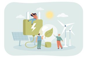 Konzeptuelle Illustration über nachhaltige und erneuerbare Energie. Das Bild zeigt drei Personen, die in einer Umgebung mit sauberen Energiequellen wie Sonnenkollektoren und Windturbinen interagieren. In der Mitte befindet sich ein großer grüner Stecker mit einem Blitzsymbol, das für nachhaltige Elektrizität steht. Ein Mann und eine Frau gestikulieren in Richtung einer riesigen Glühbirne mit einem grünen Blatt darin, das den ökologischen Gedanken symbolisiert. Eine weitere Person sitzt auf dem Stecker, der für die Verbindung mit der Technik steht. Im Hintergrund sind eine helle Sonne und ein klarer Himmel zu sehen, die das Thema Umwelt und saubere Energie noch verstärken.