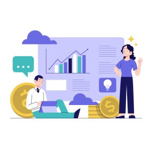Illustration zweier Personen, die sich über Finanzen und Investitionen austauschen; ein Mann sitzt mit einem Laptop vor einem Diagramm mit steigenden Balken, während eine Frau neben Münzen steht und Ideen präsentiert – Symbole für finanzielles Wachstum, Innovation und Teamarbeit.