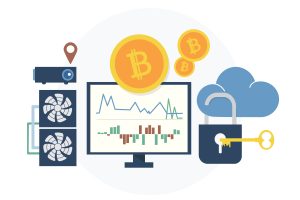 Illustration zum Thema Kryptowährungen mit Symbolen für Bitcoin, einem Monitor mit Kursdiagrammen, Mining-Hardware mit Lüftern, einer Cloud mit offenem Schloss und einem Schlüssel – stellvertretend für Blockchain-Technologie, Datensicherheit und digitalen Handel.