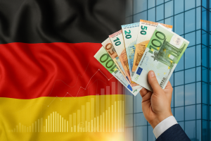 Ein Geschäftsman hält einen Fächer aus verschiedenen Euro-Banknoten vor der deutschen Flagge, während im Hintergrund die Glasfassade eines modernen Bürogebäudes zu sehen ist. Über der Szene liegen transparente Finanzdiagramme, die wirtschaftliche Trends darstellen. Diese Darstellung symbolisiert den Einfluss der deutschen Banken auf die Finanzmärkte und den internationalen Kapitalverkehr.