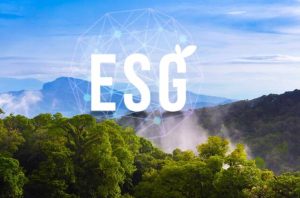 Symbolisches Bild mit der Aufschrift "ESG" vor einer grünen Waldlandschaft und Bergen im Hintergrund; die Darstellung steht für nachhaltige Entwicklung und die zunehmende Bedeutung von ESG-Investments im Umwelt- und Finanzkontext.