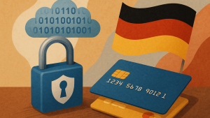 Ilustração abstrata de proteção de dados e cartões de crédito na Alemanha, com cadeado azul estilizado, nuvem digital com código binário, cartões coloridos e bandeira alemã em fundo artístico.