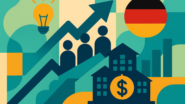 Ilustração abstrata e colorida sobre crowdinvesting na Alemanha, com setas de crescimento, ícones de pessoas, lâmpada representando inovação, gráfico de barras e um edifício estilizado com símbolo de moeda em fundo geométrico vibrante.