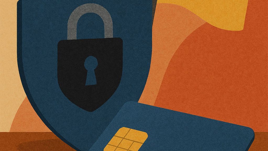 Ilustração abstrata em estilo flat sobre proteção de dados e cartões de crédito na Alemanha, com escudo azul e cadeado, bandeira alemã estilizada, cartão de crédito e nuvem com códigos binários em fundo geométrico em tons terrosos.