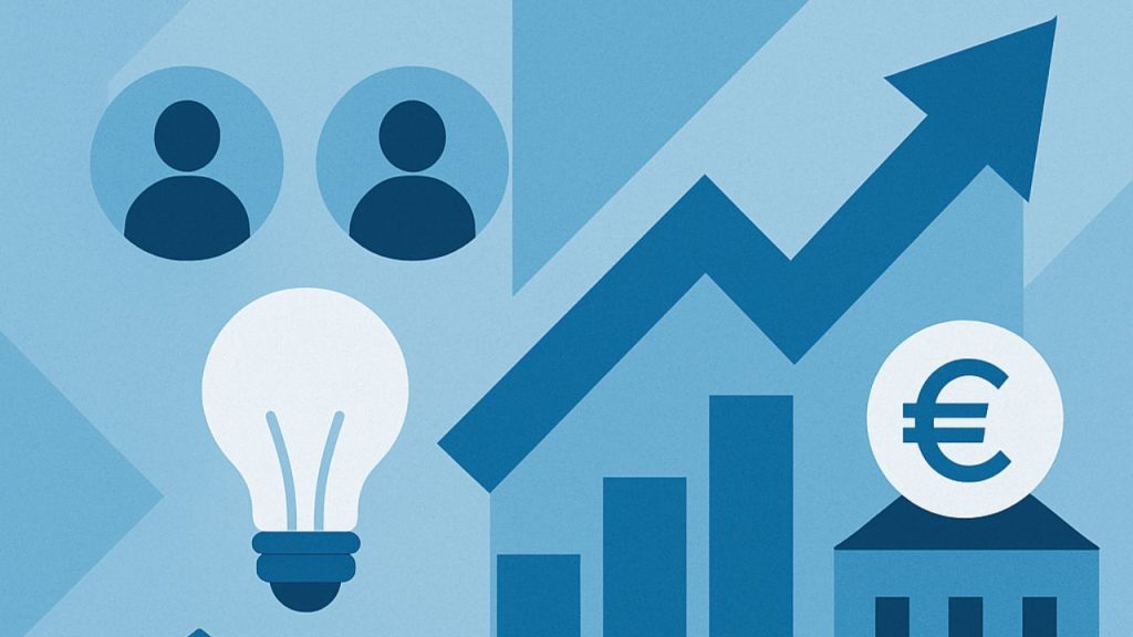 Ilustração abstrata em estilo flat sobre crowdinvesting, com paleta de azuis. Elementos visuais incluem ícones de pessoas, lâmpada simbolizando ideias, setas de crescimento, gráficos de barras, escudo com cadeado e edifício estilizado com símbolo do euro.