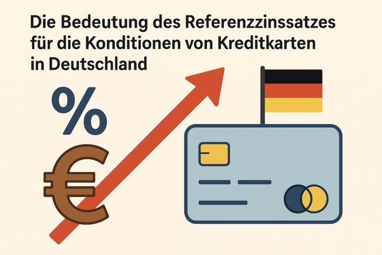 „Flache, illustrative Grafik zum Thema Referenzzinssatz und Kreditkartenbedingungen in Deutschland. Oben steht der Titel ‚Die Bedeutung des Referenzzinssatzes für die Konditionen von Kreditkarten in Deutschland‘. Links sind ein großes Prozentzeichen und ein Euro-Symbol zu sehen, daneben ein roter Pfeil, der diagonal nach oben zeigt und steigende Zinsen oder Kosten symbolisiert. Rechts befindet sich eine stilisierte Kreditkarte in Blau mit Chip und zwei überlappenden Kreisen, darüber eine kleine deutsche Flagge. Der Hintergrund ist hell und minimalistisch, wodurch der Fokus auf Zinsanstieg und Kreditkarten liegt.“