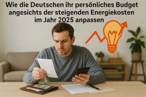 „Titelbild zum Thema steigende Energiekosten in Deutschland 2025. Oben steht der Text: ‚Wie die Deutschen ihr persönliches Budget angesichts der steigenden Energiekosten im Jahr 2025 anpassen‘. Im Vordergrund sitzt ein Mann an einem Tisch in einem Wohnzimmer und schaut konzentriert auf eine Rechnung in seiner linken Hand, während er in der rechten Hand ein Smartphone hält, als würde er Ausgaben vergleichen oder berechnen. Auf dem Tisch liegen ein Portemonnaie mit Bankkarten, ein Geldschein sowie weitere Dokumente und ein Stift. Rechts im Bild ist eine orangefarbene Glühbirne mit einem nach oben zeigenden Pfeil und Zickzacklinie dargestellt, die steigende Strom- bzw. Energiekosten symbolisiert. Der Hintergrund zeigt ein schlichtes Wohnzimmer mit Sofa, Pflanzen und warmen, neutralen Farben.“