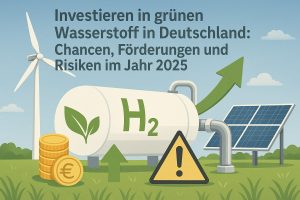 Infografik in sanften Blau- und Grüntönen mit dem Titel ‘Investieren in grünen Wasserstoff in Deutschland: Chancen, Förderungen und Risiken im Jahr 2025’ oben links. Im Vordergrund steht ein großer weißer Wasserstofftank mit der Aufschrift ‘H₂’ und einem grünen Blatt-Symbol, verbunden mit Rohrleitungen. Links sieht man eine Windkraftanlage sowie gestapelte Euro-Münzen und einen nach oben zeigenden Pfeil, die auf Wachstum und Investitionen hinweisen. Rechts befinden sich Solarpaneele und ein großer grüner Aufwärtspfeil. Unten rechts steht ein gelbes Warnschild mit Ausrufezeichen, das mögliche Risiken betont. Der Hintergrund zeigt eine grüne Landschaft und einen hellen Himmel, was Nachhaltigkeit und Energiewende symbolisiert.
