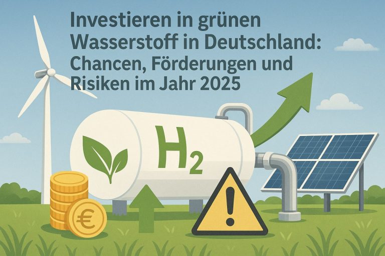 Infografik in sanften Blau- und Grüntönen mit dem Titel ‘Investieren in grünen Wasserstoff in Deutschland: Chancen, Förderungen und Risiken im Jahr 2025’ oben links. Im Vordergrund steht ein großer weißer Wasserstofftank mit der Aufschrift ‘H₂’ und einem grünen Blatt-Symbol, verbunden mit Rohrleitungen. Links sieht man eine Windkraftanlage sowie gestapelte Euro-Münzen und einen nach oben zeigenden Pfeil, die auf Wachstum und Investitionen hinweisen. Rechts befinden sich Solarpaneele und ein großer grüner Aufwärtspfeil. Unten rechts steht ein gelbes Warnschild mit Ausrufezeichen, das mögliche Risiken betont. Der Hintergrund zeigt eine grüne Landschaft und einen hellen Himmel, was Nachhaltigkeit und Energiewende symbolisiert.