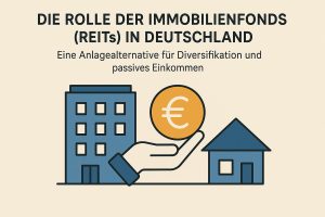 Schlichte Infografik auf hellem, beigefarbenem Hintergrund mit dem Titel ‘Die Rolle der Immobilienfonds (REITs) in Deutschland’ und dem Untertitel ‘Eine Anlagealternative für Diversifikation und passives Einkommen’ oben. Im unteren Bereich stehen minimalistische Illustrationen: links ein mehrstöckiges blaues Gebäude, rechts ein blaues Einfamilienhaus. Dazwischen ist eine stilisierte Hand zu sehen, die eine goldene Münze mit Euro-Symbol hält, was Investitionen und Erträge aus Immobilienfonds darstellt. Der reduzierte, klare Stil betont Stabilität, Einkommen und Diversifikation.