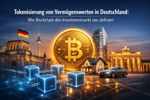 Illustration zur Tokenisierung von Vermögenswerten in Deutschland, mit einer großen digitalen Bitcoin-Münze im Zentrum, die Blockchain-Technologie symbolisiert. Im Vordergrund sind miteinander verbundene leuchtende Blöcke zu sehen, die sichere und transparente Transaktionen darstellen. Im Hintergrund erscheinen bekannte deutsche Wahrzeichen wie das Brandenburger Tor, der Berliner Fernsehturm und moderne Bürogebäude, ergänzt durch Wohnimmobilien und ein Auto, die verschiedene tokenisierte Anlageklassen wie Immobilien und Sachwerte repräsentieren. Eine deutsche Flagge unterstreicht den nationalen Kontext des Investmentmarktes.
