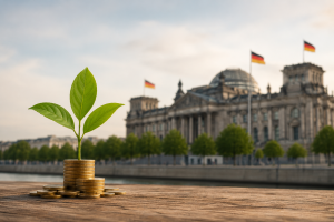 Nahaufnahme eines jungen grünen Pflanzentriebs, der aus gestapelten Goldmünzen auf einer hölzernen Oberfläche wächst. Im unscharfen Hintergrund erscheint ein repräsentatives Regierungsgebäude in Deutschland mit mehreren deutschen Flaggen entlang eines Flussufers. Die Szene vermittelt die Verbindung zwischen Nachhaltigkeit, wirtschaftlicher Entwicklung und Investitionen in umweltorientierte Finanzmodelle innerhalb des deutschen Kapitalmarkts.