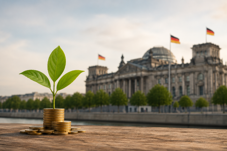 Nahaufnahme eines jungen grünen Pflanzentriebs, der aus gestapelten Goldmünzen auf einer hölzernen Oberfläche wächst. Im unscharfen Hintergrund erscheint ein repräsentatives Regierungsgebäude in Deutschland mit mehreren deutschen Flaggen entlang eines Flussufers. Die Szene vermittelt die Verbindung zwischen Nachhaltigkeit, wirtschaftlicher Entwicklung und Investitionen in umweltorientierte Finanzmodelle innerhalb des deutschen Kapitalmarkts.